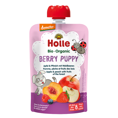 Holle, BIO ābolu un persiku biezenis ar meža ogām "Berry Puppy" no 8 mēn., 100g