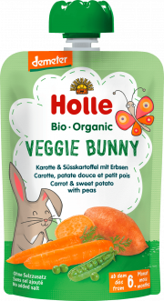 Holle, BIO burkānu un saldo kartupeļu biezenis ar zirņiem "Veggie Bunny" no 6 mēn., 100g