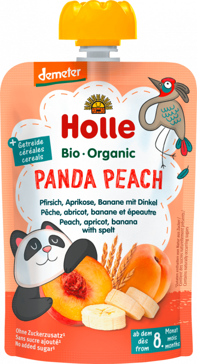Holle, BIO persiku, aprikožu, banānu biezenis ar plēkšņu kviešiem “Panda Peach”, no 8mēn. 100g