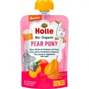 Holle, BIO bumbieru, persiku un aveņu biezenis ar plēkšņu kviešiem “Pear Pony” no 8 mēn, 100g