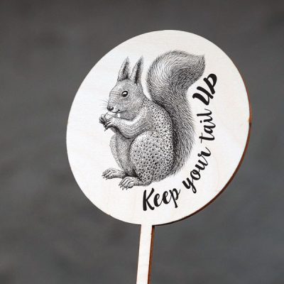 Dekoratīvs kūku dekors ar vāveres zīmējumu un tekstu: "Keep your tail up"