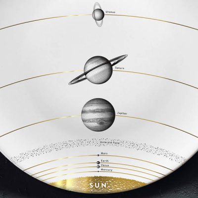 Vidējais šķīvis ar melnu Saules sistēmas zīmējumu un zelta elementu