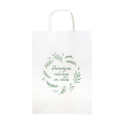 Dāvanu maisiņš, balts ar zaļu uzrakstu Priecīgus vakarus un rītus un lapu motīviem