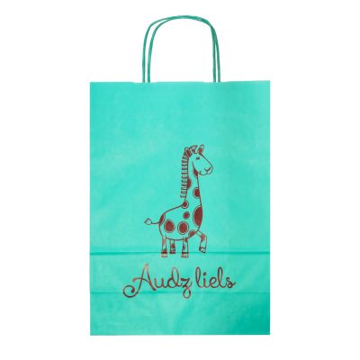 Dāvanu maisiņš, gaiši zils ar sarkanu žirafi un uzrakstu Audz liels
