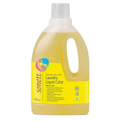 Sonett, šķidrais mazgāšanas līdzeklis krāsainai veļai plastmasas pudelē ar dzeltenu etiķeti