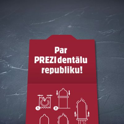 Prezervatīvs, dadzis, ar attēlotu prezidentu un tekstu - Prezis