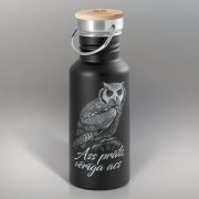 Tērauda pudele ar rokturi, melna, ar korķa vāciņu, Pūce, Naktīs domāju, 540ml