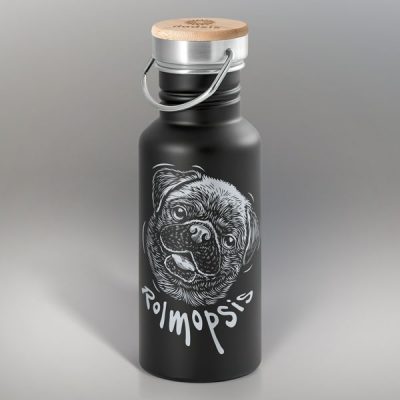 Tērauda pudele ar rokturi, melna, ar korķa vāciņu, Mopsis, Rolmopsis, 540ml