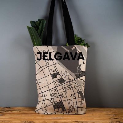 Latvijas Tekstils, lina maisiņš "Jelgava - ielu raksti" uz pelēka, 35x40cm
