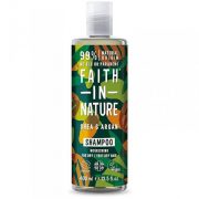 Faith in Nature, šampūns ar šī sviestu un argāna eļļu pudelē ar zaļu etiķeti