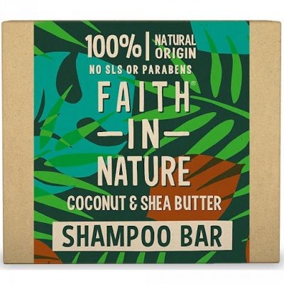Faith in Nature, cietais šampūns kartona iepakojumā ar zaļu etiķeti