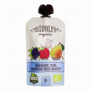 Rūdolfs, augļu biezenis ar jogurtu bērniem zili baltā paciņā
