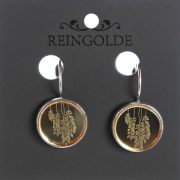 Reingolde, organiskā stikla auskari sudraba ietvarā ar āķi un zelta krītošu zaru attēlu