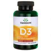 Swanson vitamīns D3 zaļā pudelē ar balti dzeltenu etiķeti