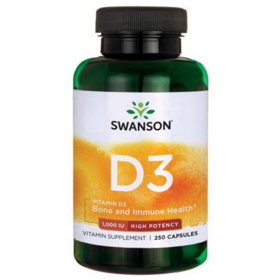 Swanson vitamīns D3 zaļā pudelē ar balti dzeltenu etiķeti