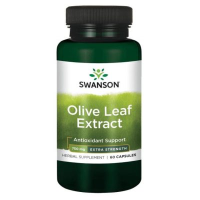 Swanson olīvu lapu ekstrakts zaļā pudelē ar zaļi baltu etiķeti