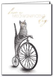 balta kartīte ar kaķi un uzrakstu "Have a MEOWgnificent day"