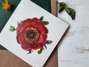 Apsveikuma kartīte ar sarkanu rozes ziedu uz balta fona, 10x10cm