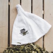 Namų tekstilė, balta kokvilnas cepure pirtij ar izšūtu augu pušķi un ķipi