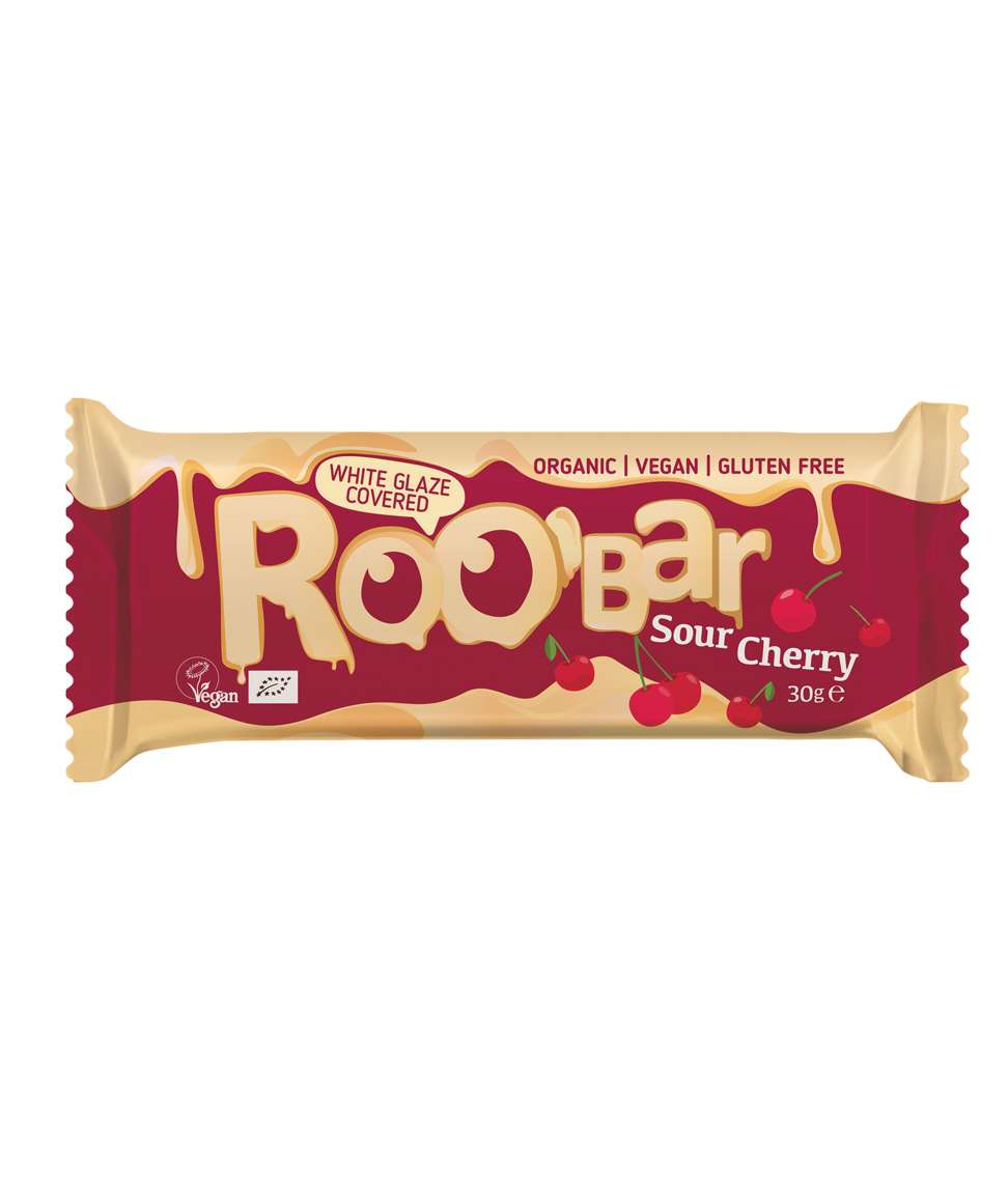 Roobar, skābo ķiršu batoniņš ar baltu glazūru, 30g Roobar, skābo ķiršu batoniņš ar baltu glazūru, 30g