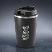 Tērauda termo krūze, zemā, 470ml, melna, Katrs pats savas laimes kalējs