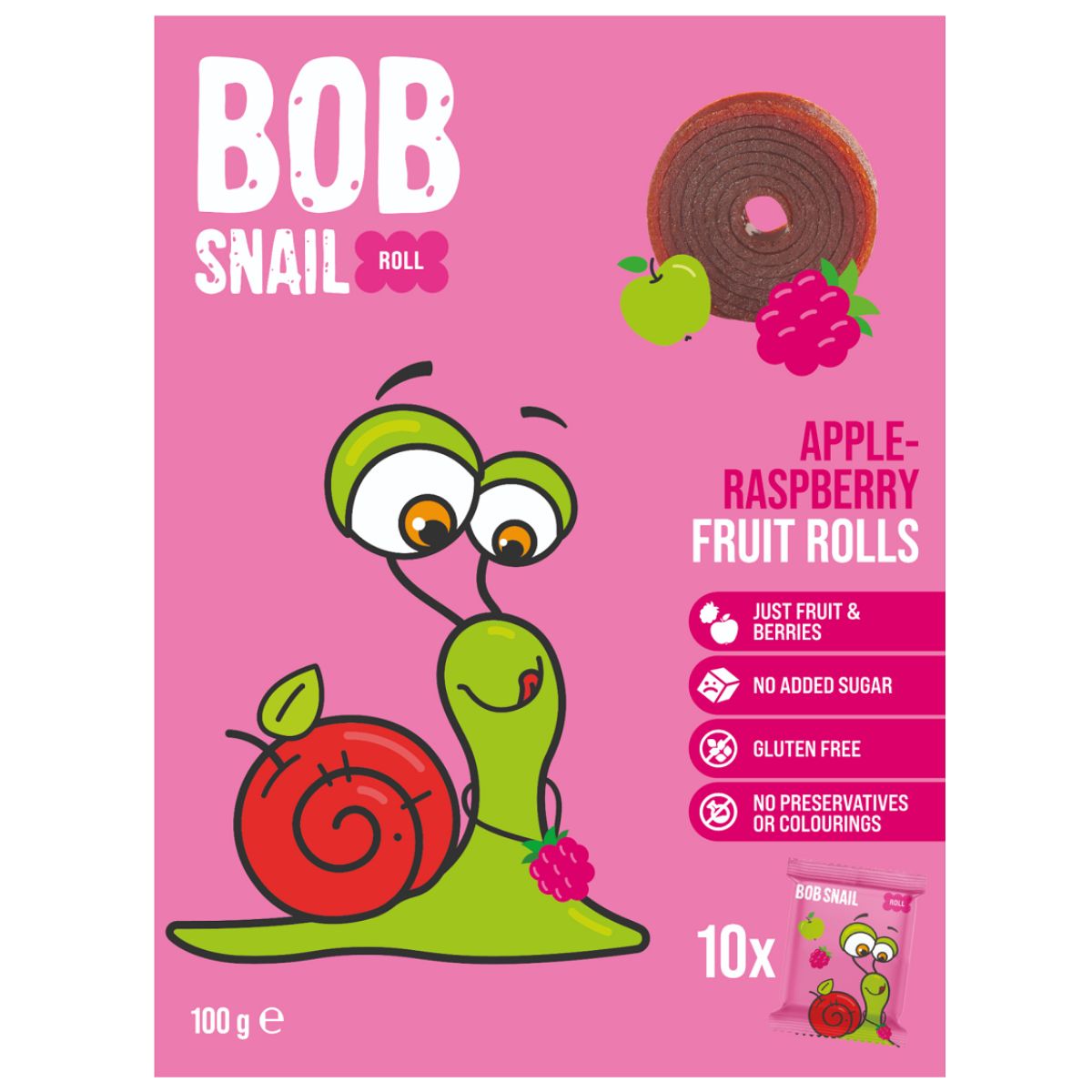 BobSnail-rullīši-ābolu-aveņu-100g Bob Snail, ābolu un aveņu rullīši bērniem, rozā iepakojumā