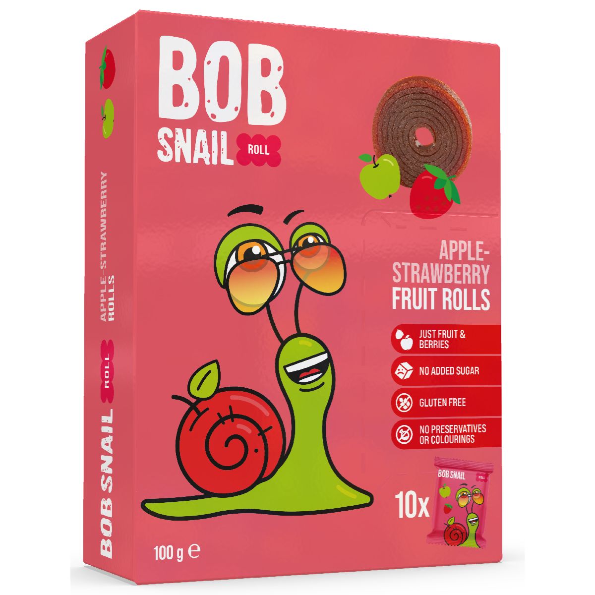 BobSnail-rullīši-ābolu-zemeņu-100g Bob Snail, ābolu un zemeņu rullīši bērniem, sarkanā iepakojumā
