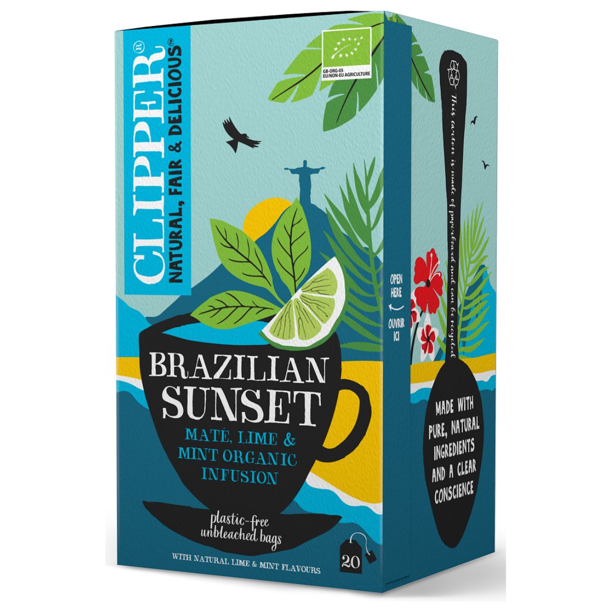 Clipper-tēja-mate-laims-piparmētra Clipper, mate tēja ar piparmētru un laimu zilā iepakojumā